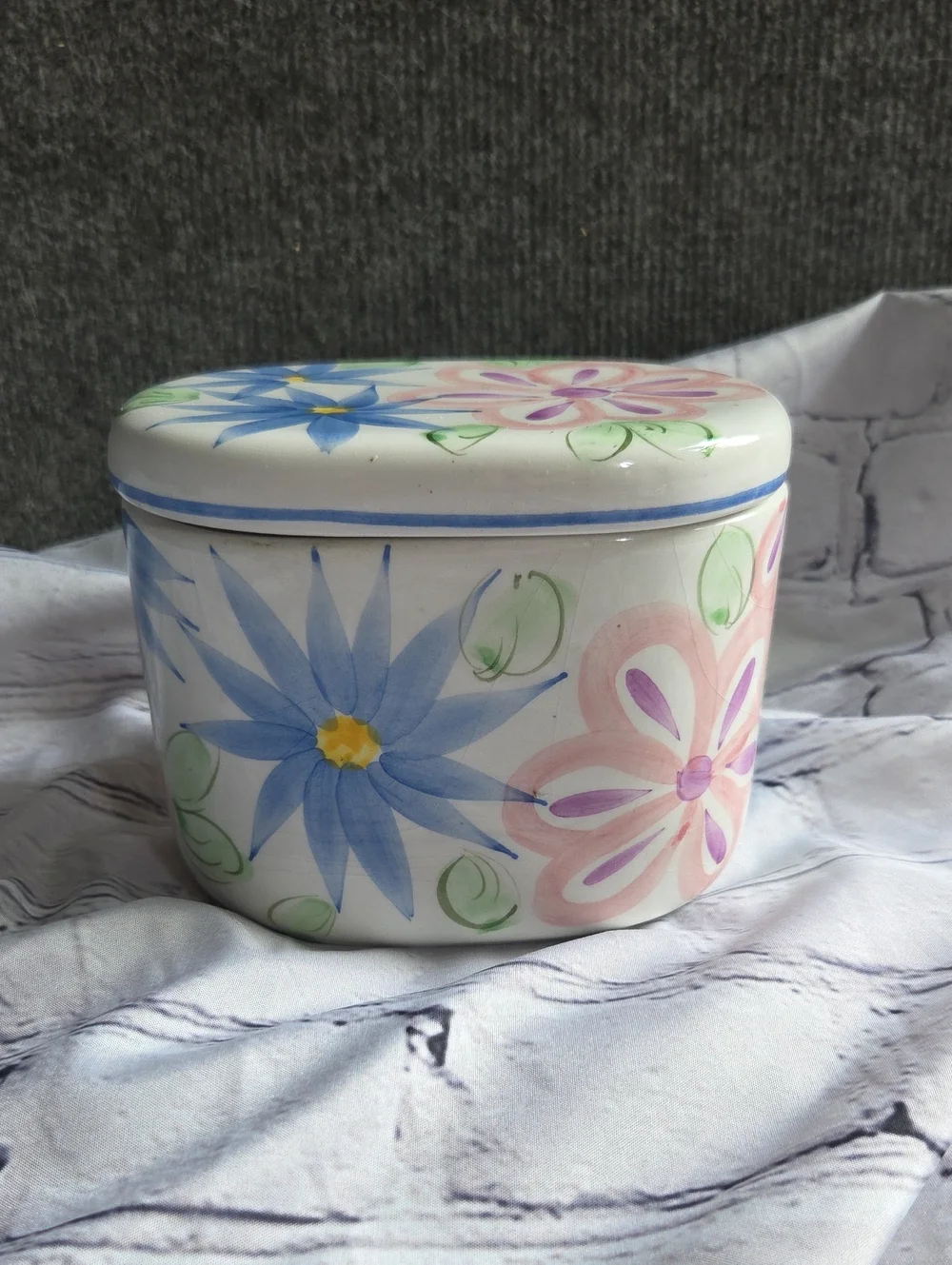 Vintage Floral Ceramic Storage Jar - White with Blue & Pink Flowers